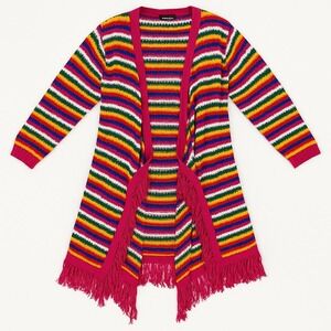 70s Boho Runway Knit Colorful Striped Open Fringe Long Cardigan Duster Hippie OS
